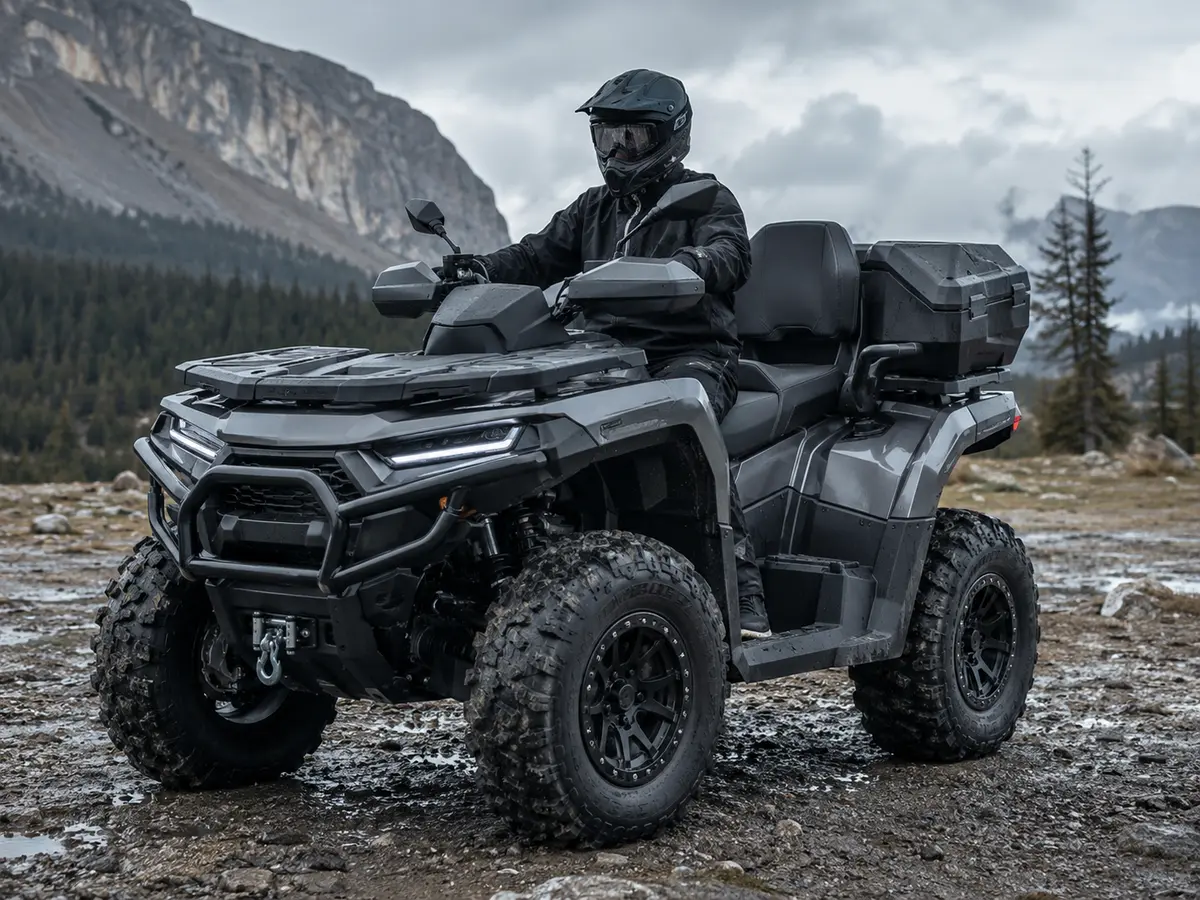 Szary dwuosobowy quad QJ MOTORS SFA 1000 na skalistej trasie