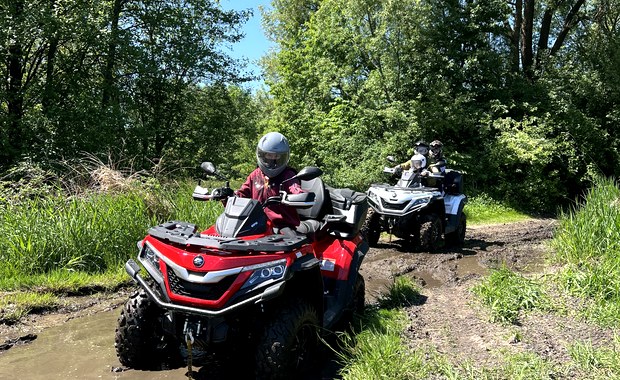 Czerwony quad podczas przejazdu jasną leśną trasą